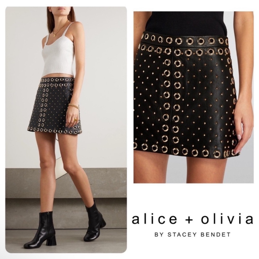New! ALICE + OLIVIA Embellished Studded Leather Mini Skirt in Black - Picture 2 of 10